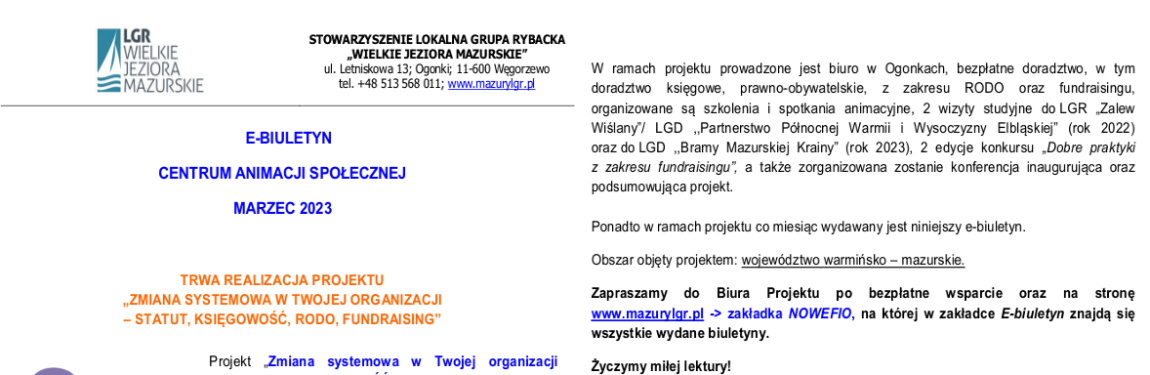 Marcowe wydanie e-biuletyny Lokalnej Grupy Rybackiej "Wielkie Jeziora Mazurskie" 